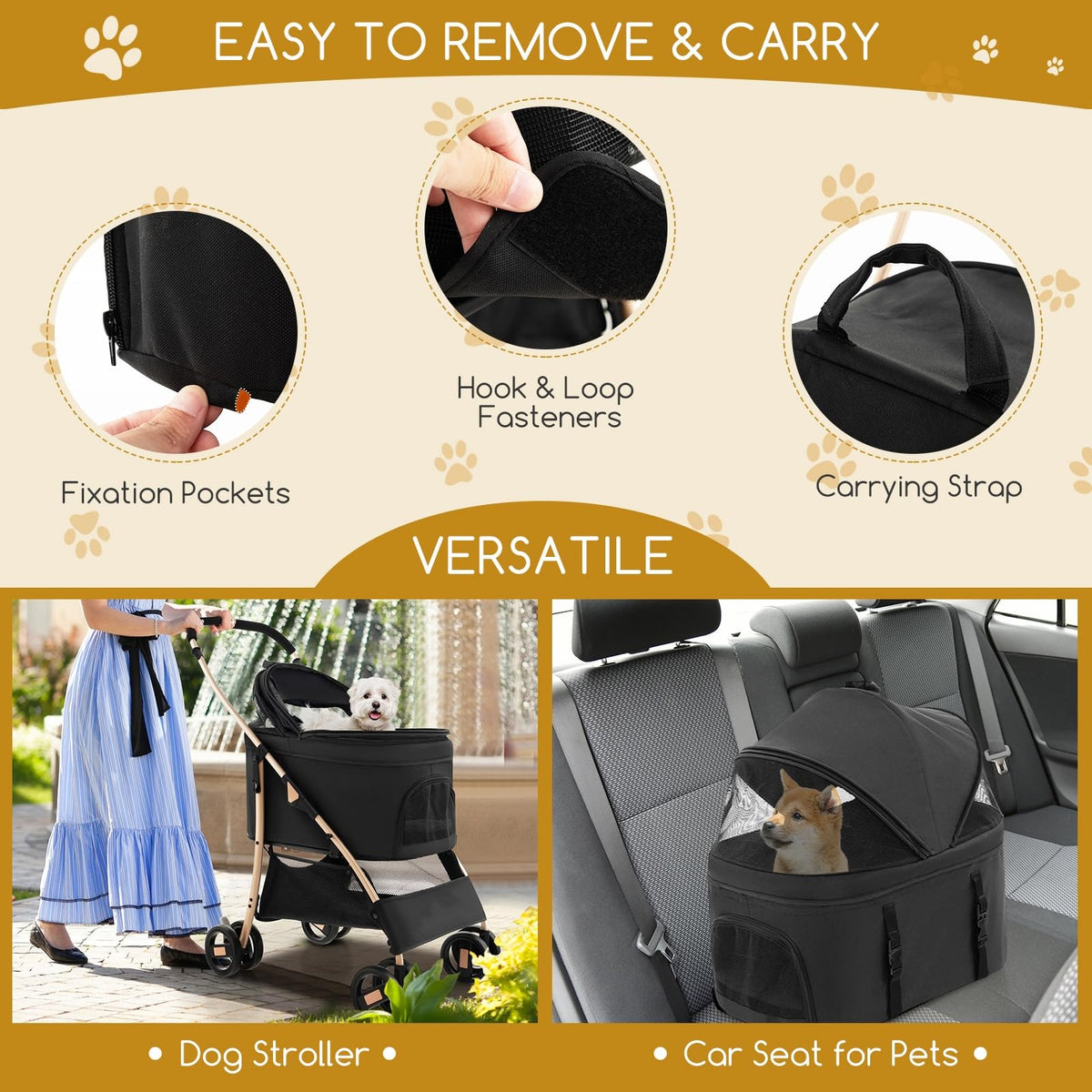 3-in-1 Folding Pet Stroller with Detachable Carrier and Car Seat, Black and Gold