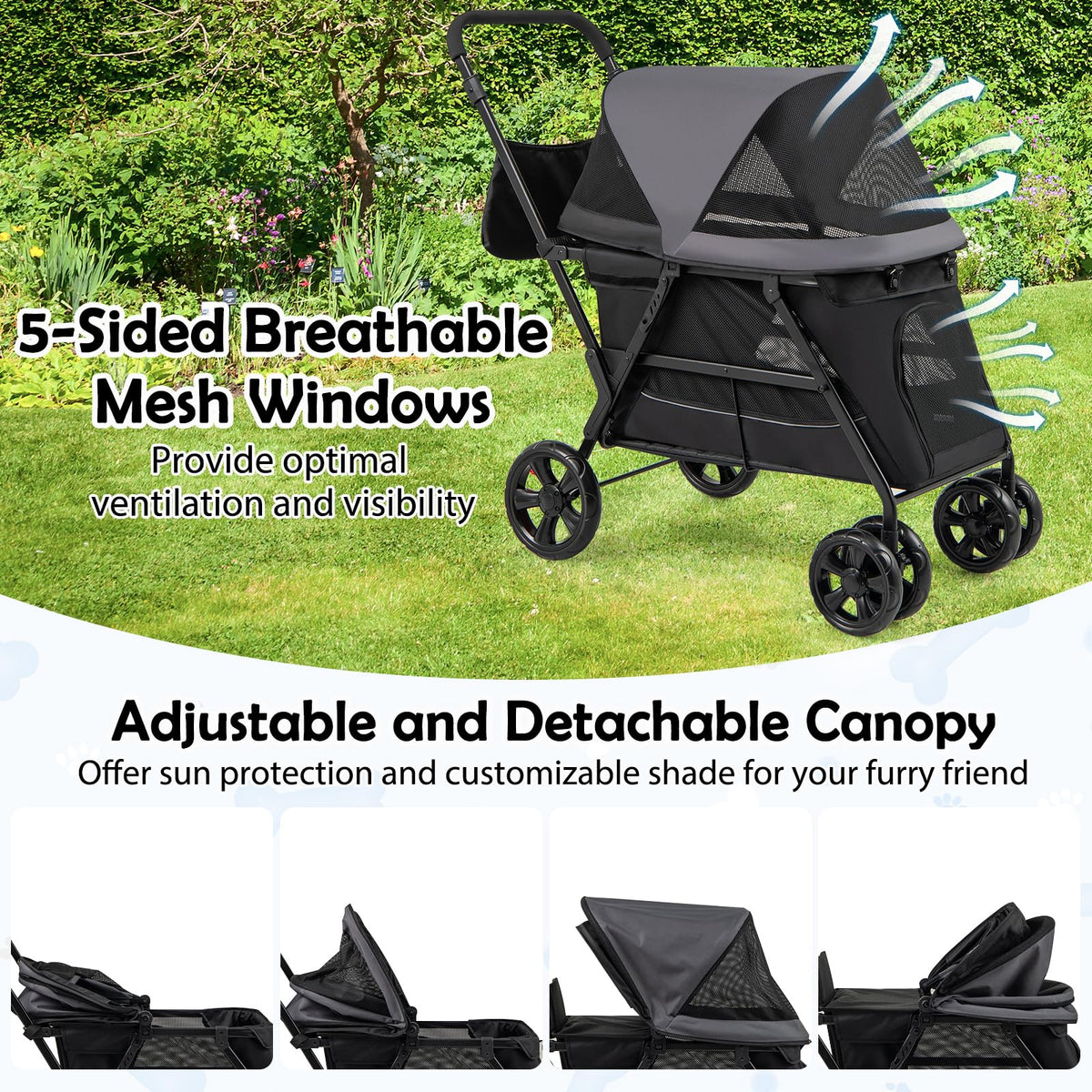 Low-Entry Dog Stroller with Ramp Access and Lockable All-Terrain Wheels