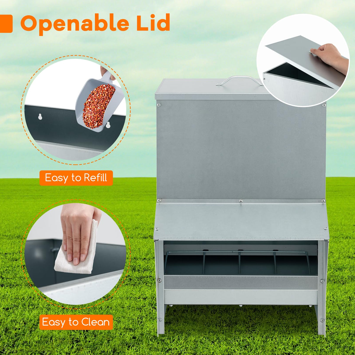 Galvanized Steel Chicken Feeder 30 lb Capacity with Lid and Rain Awning