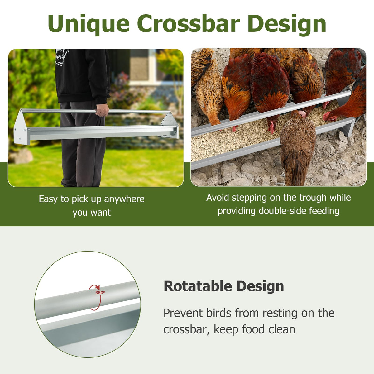Galvanized Steel Chicken Feeding Trough 45 Inch with Rotating Crossbar