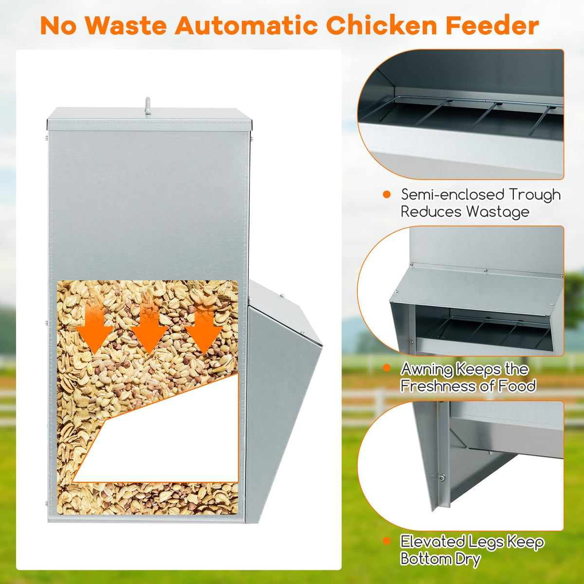 Galvanized Steel Chicken Feeder 30 lb Capacity with Lid and Rain Awning