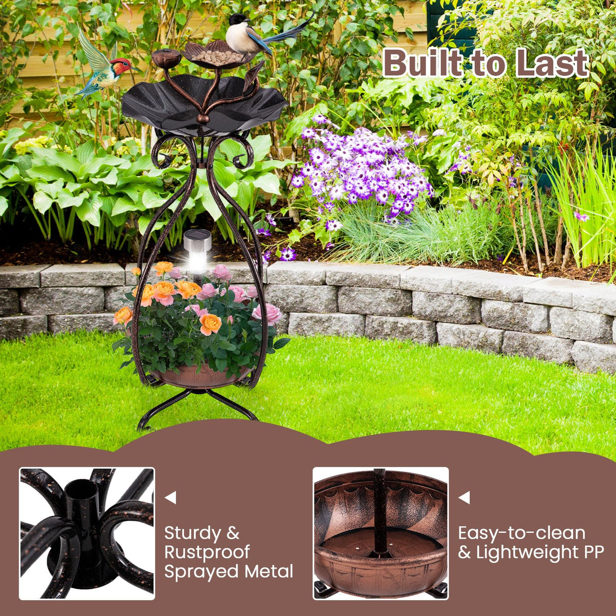 Solar Lighted Bird Bath with Planter and Bird Feeder Tray 31 Inch