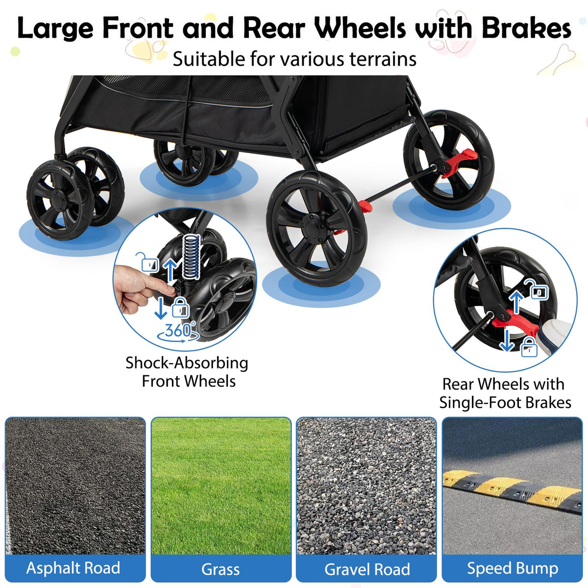Low-Entry Dog Stroller with Ramp Access and Lockable All-Terrain Wheels