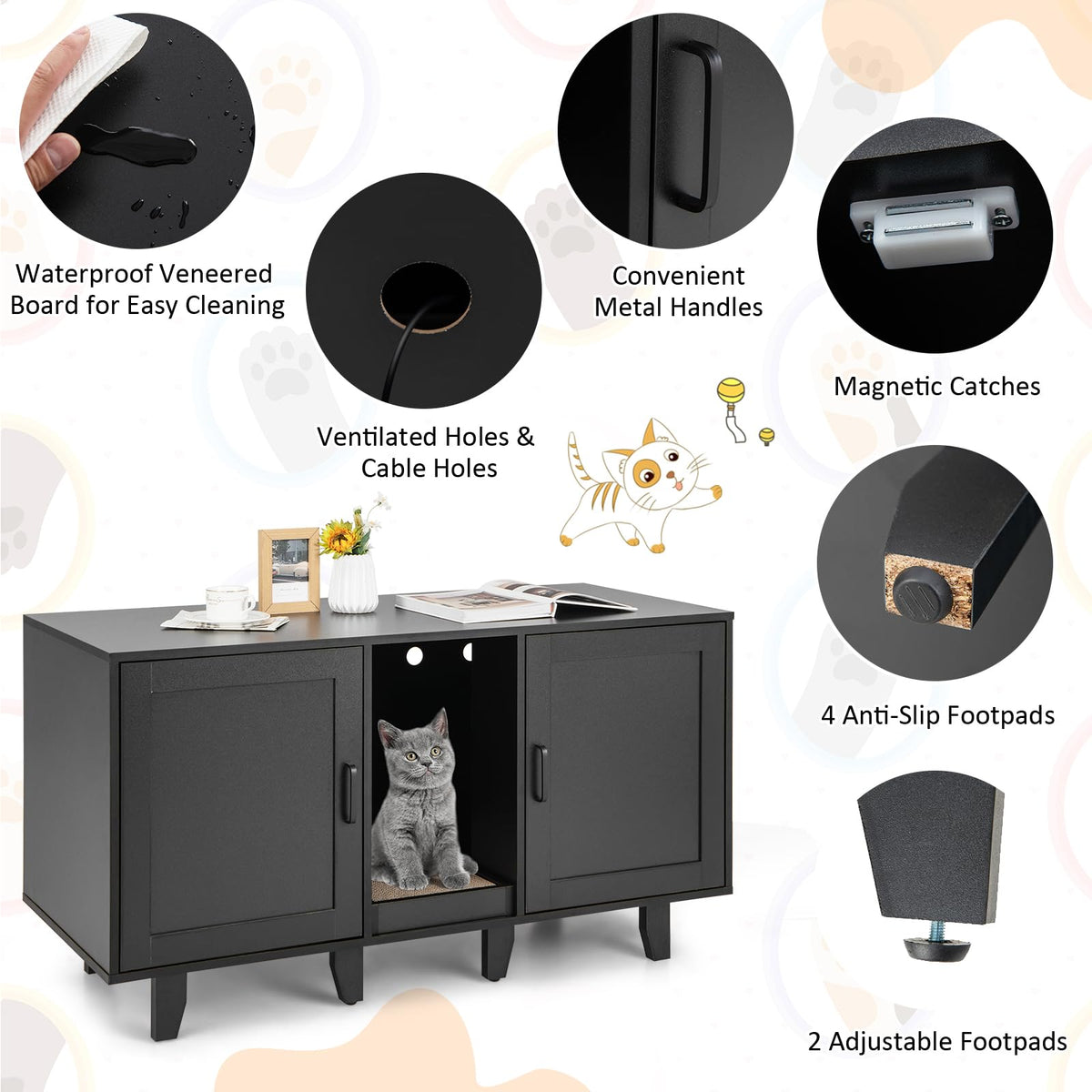 Cat Litter Box Enclosure with 2 Storage Cabinets and Scratching Board