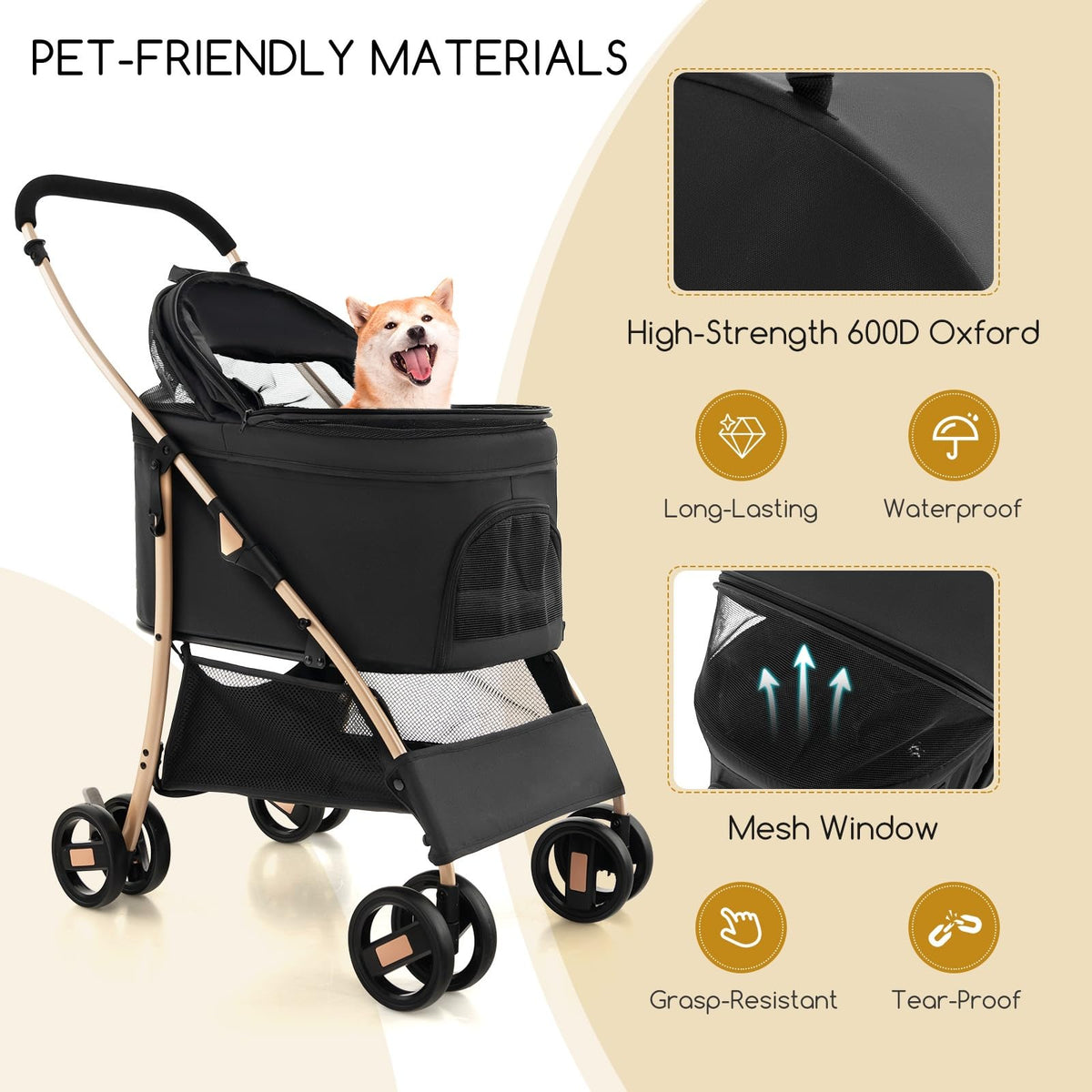 3-in-1 Folding Pet Stroller with Detachable Carrier and Car Seat, Black and Gold