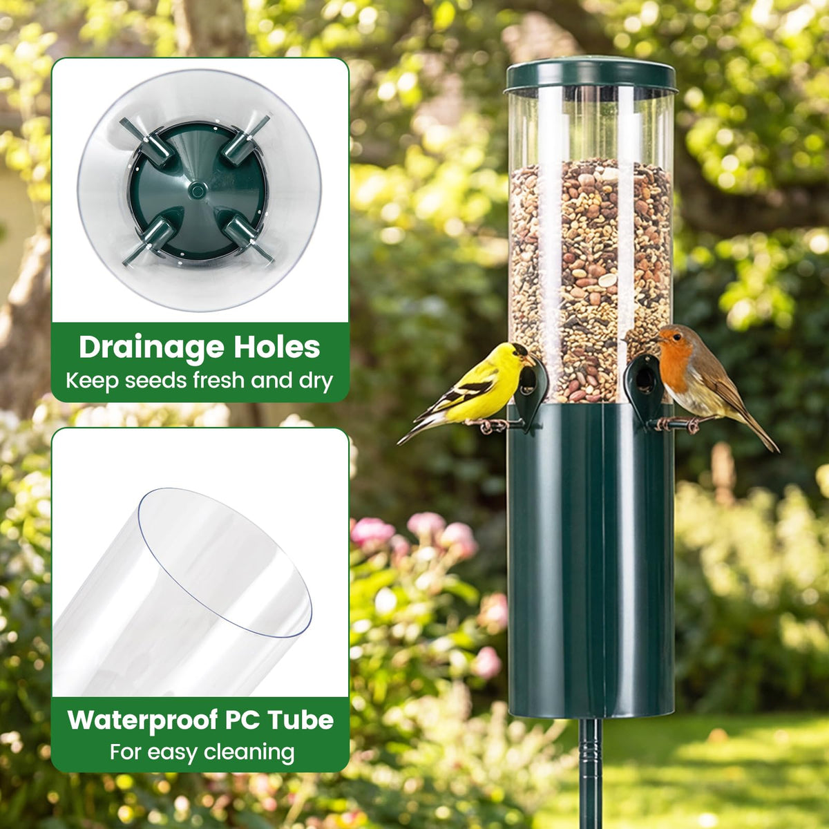 Squirrel-Proof Pole Mount Bird Feeder 10 lb Capacity with Baffle and 4 Perches