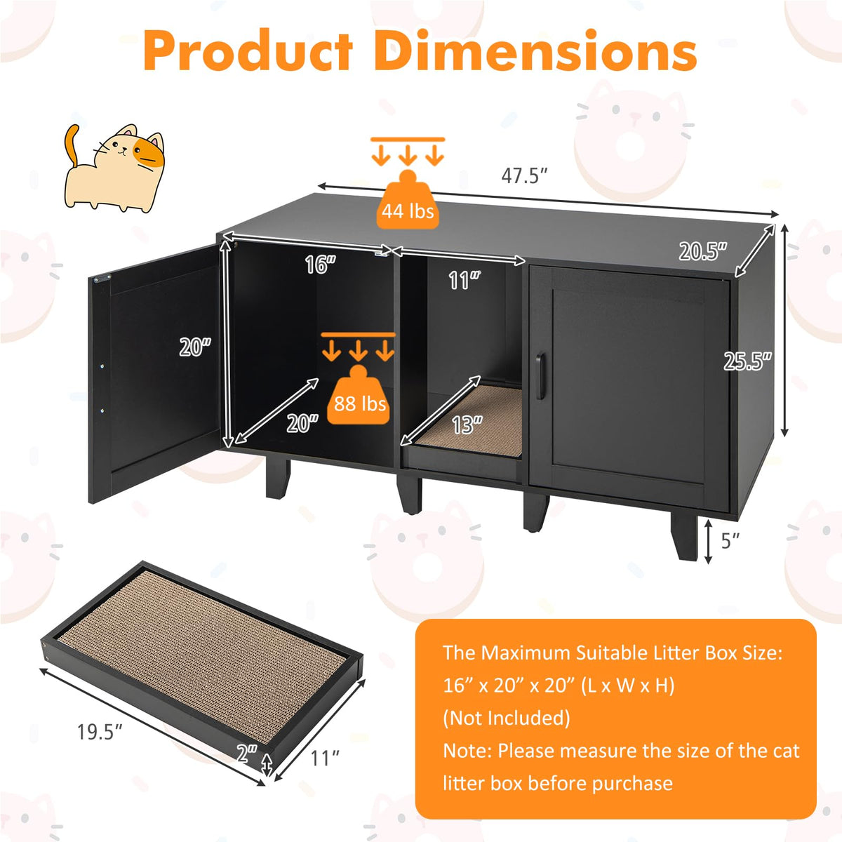Cat Litter Box Enclosure with 2 Storage Cabinets and Scratching Board