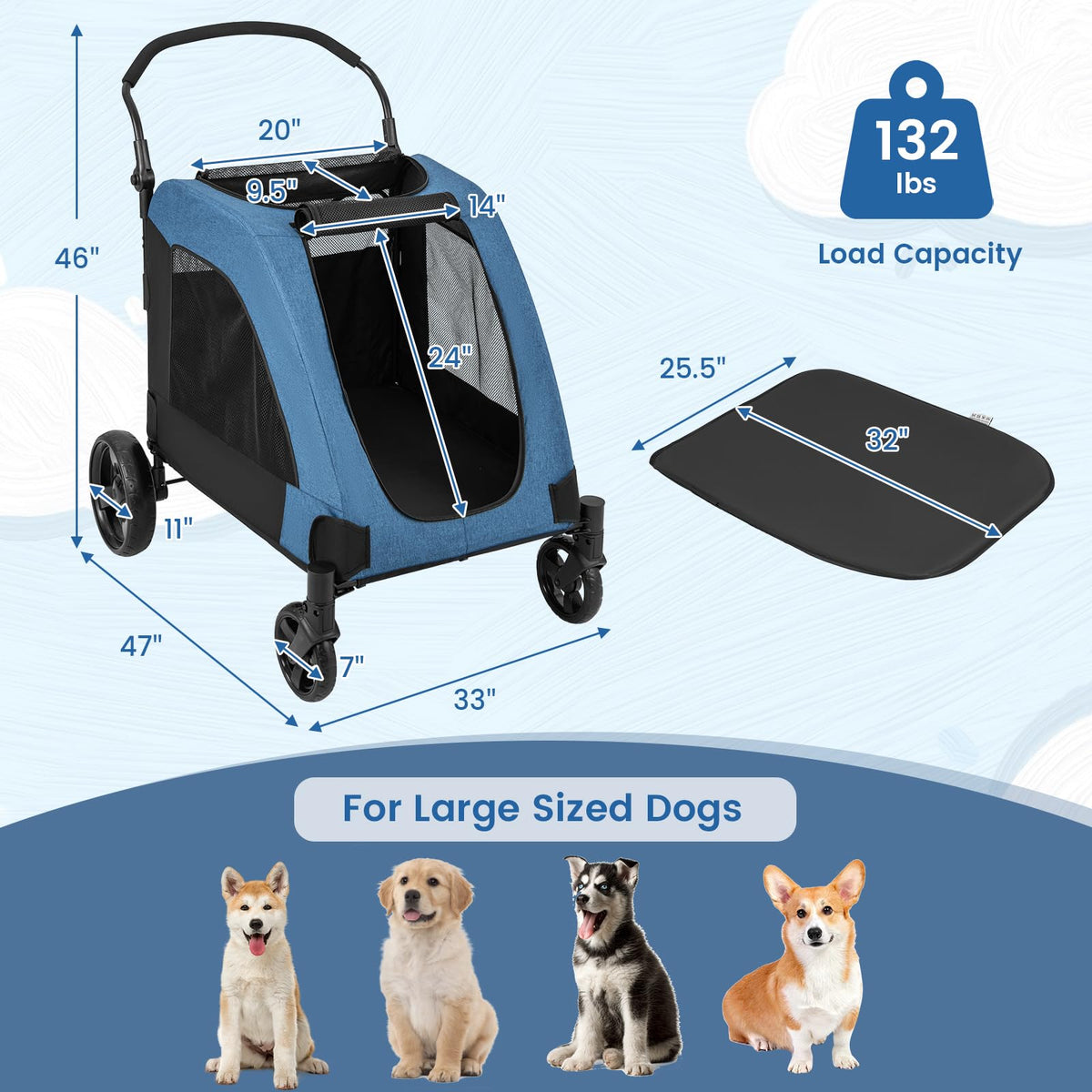 Extra Large Dog Stroller for Senior and Large Dogs 132 lb Capacity