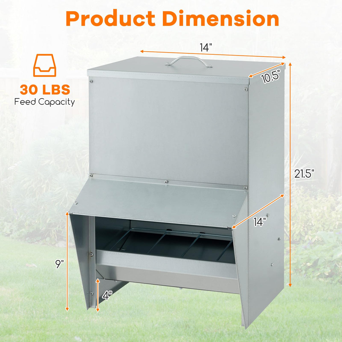 Galvanized Steel Chicken Feeder 30 lb Capacity with Lid and Rain Awning