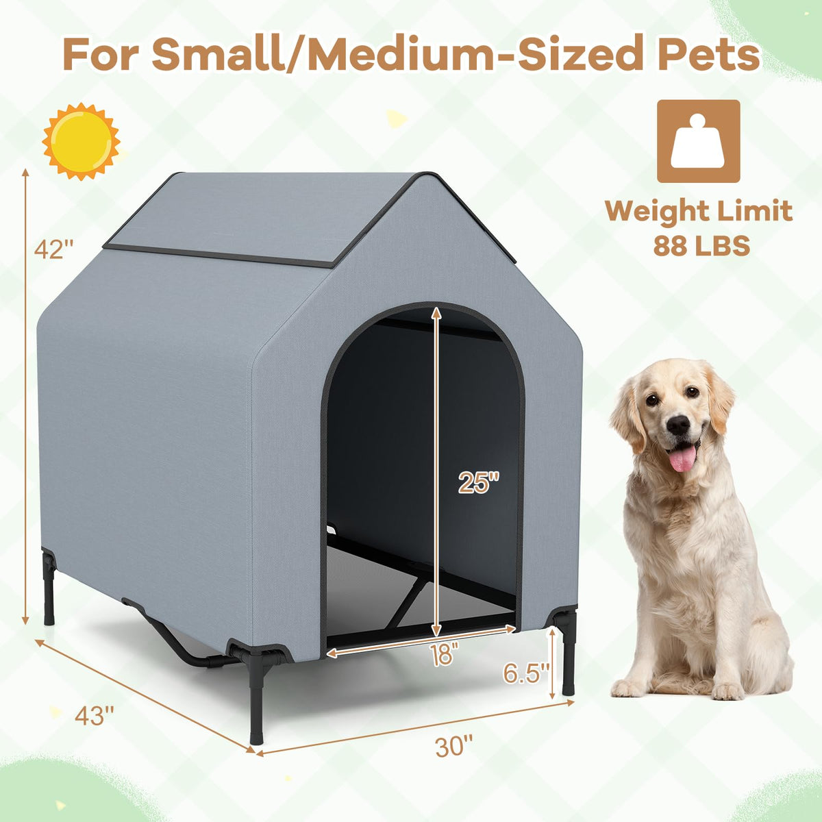 Outdoor Dog House with Weatherproof Canopy and Elevated Pet Bed