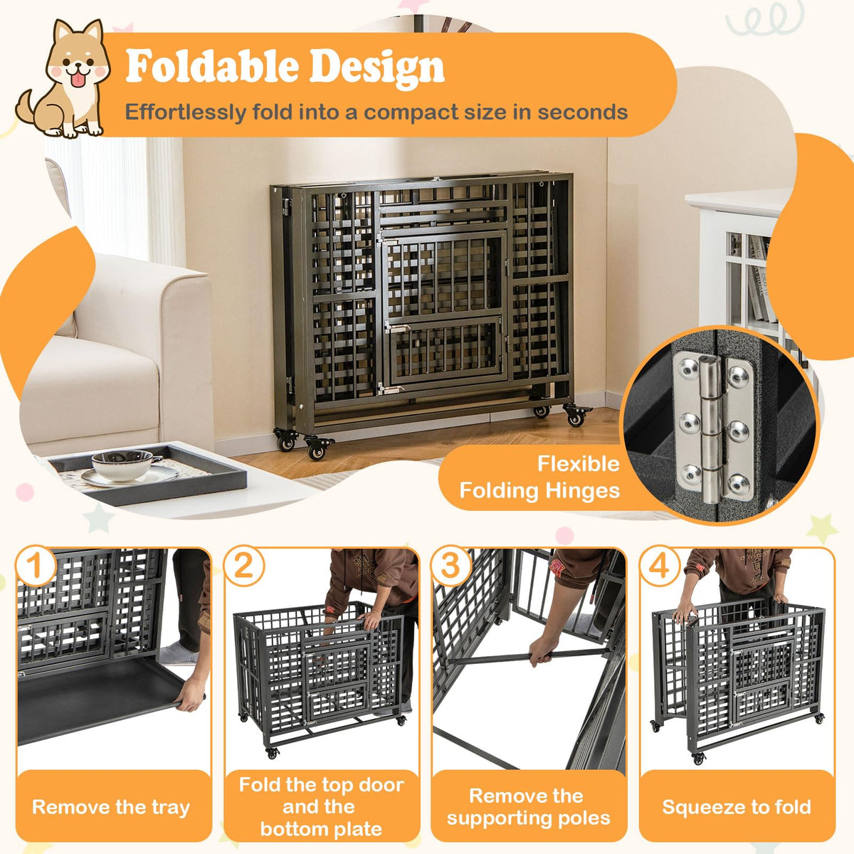 Heavy Duty Foldable Metal Dog Crate 37 Inch with 3 Doors and Pull-Out Tray