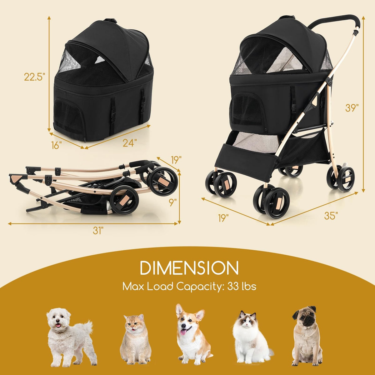 3-in-1 Folding Pet Stroller with Detachable Carrier and Car Seat, Black and Gold