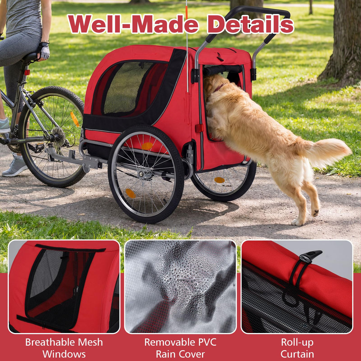 2-in-1 Dog Bike Trailer and Pet Stroller with PVC Rain Cover 176 lb Capacity