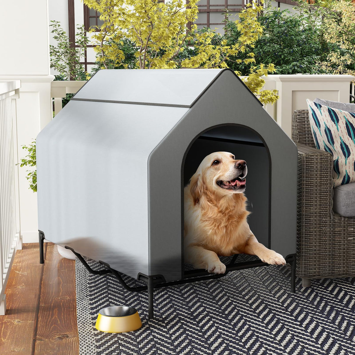 Outdoor Dog House with Weatherproof Canopy and Elevated Pet Bed