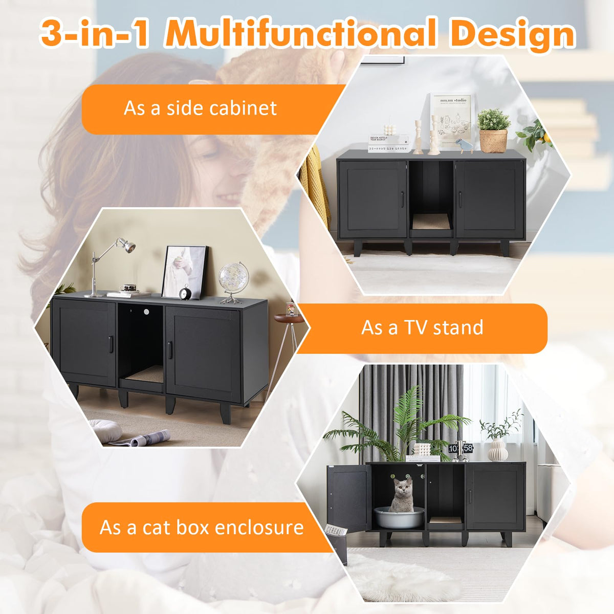Cat Litter Box Enclosure with 2 Storage Cabinets and Scratching Board