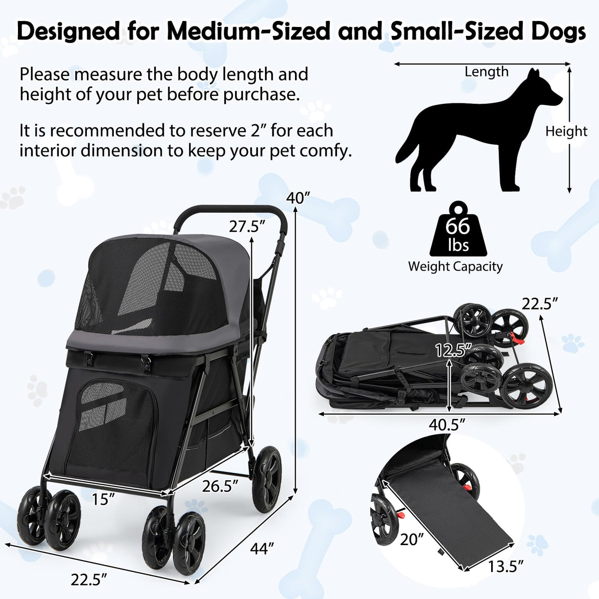 Low-Entry Dog Stroller with Ramp Access and Lockable All-Terrain Wheels