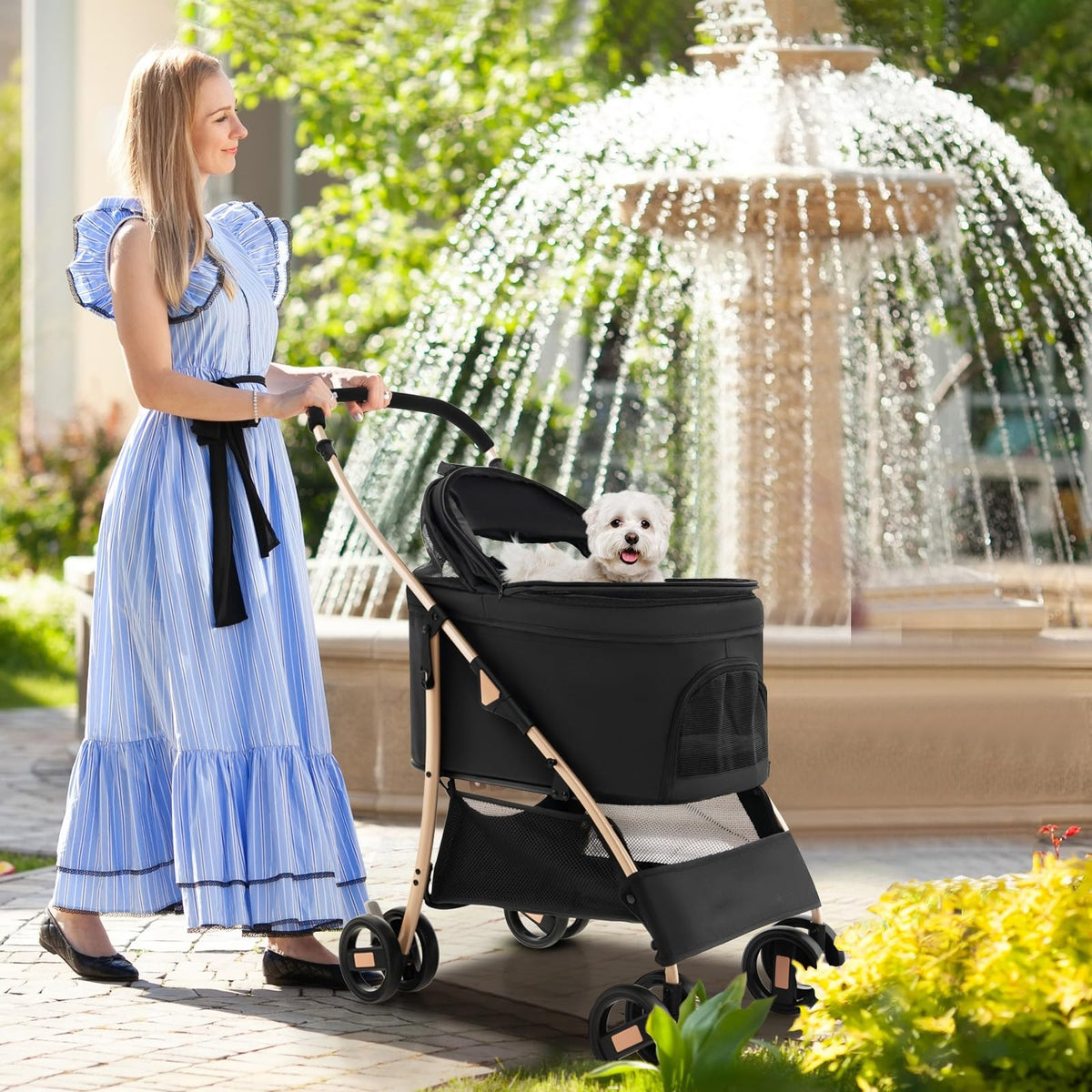 3-in-1 Folding Pet Stroller with Detachable Carrier and Car Seat, Black and Gold
