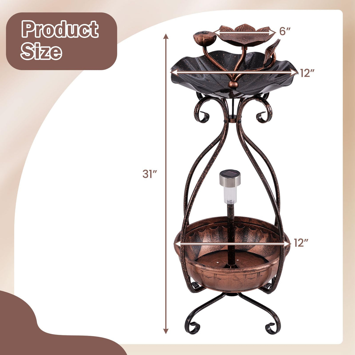 Solar Lighted Bird Bath with Planter and Bird Feeder Tray 31 Inch