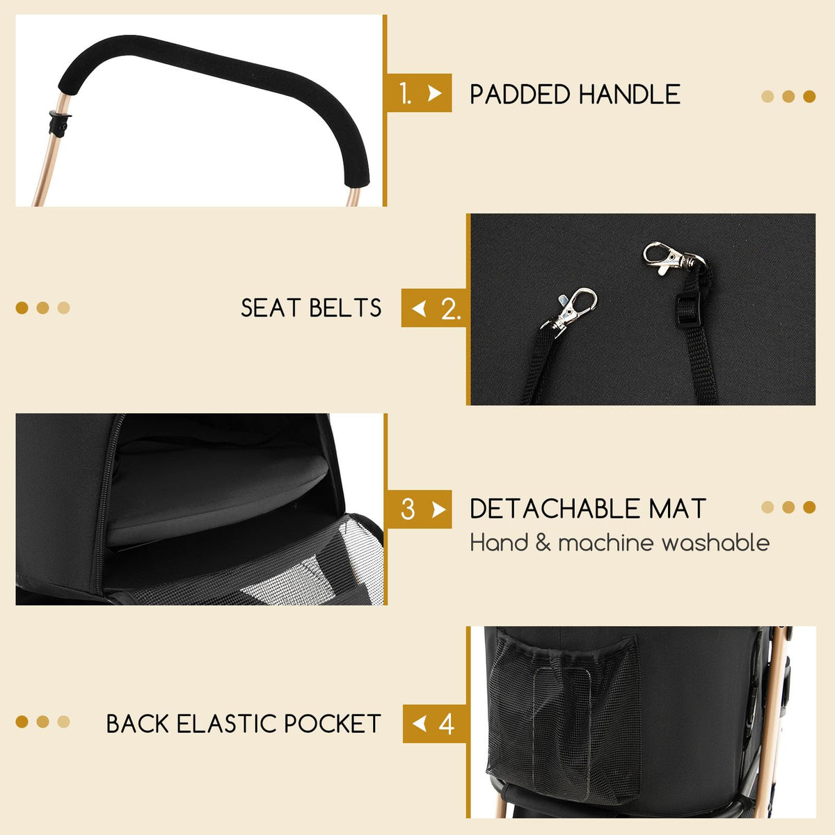 3-in-1 Folding Pet Stroller with Detachable Carrier and Car Seat, Black and Gold