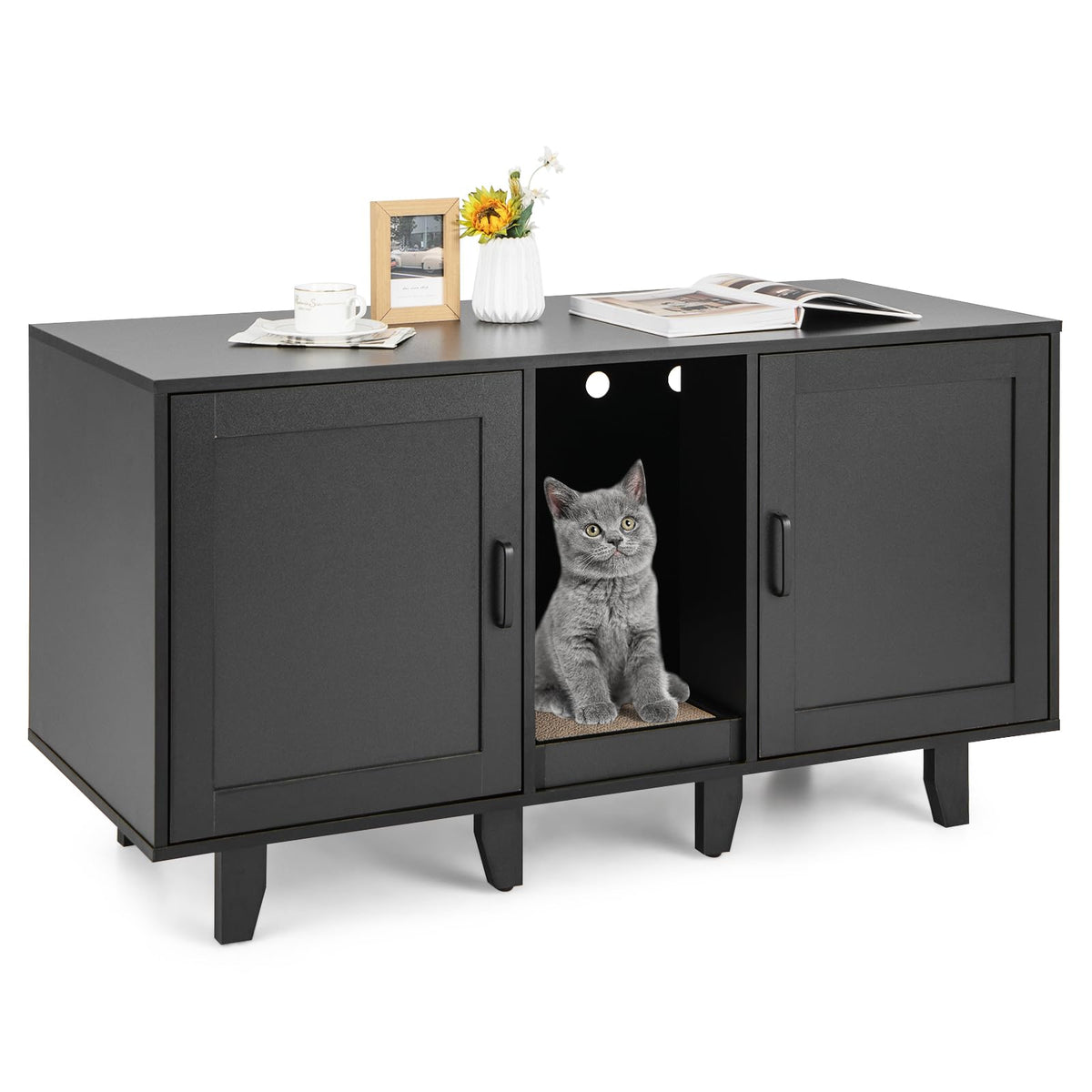 Cat Litter Box Enclosure with 2 Storage Cabinets and Scratching Board