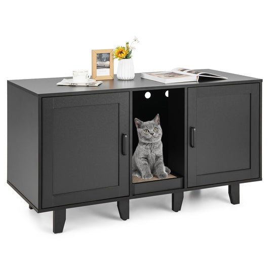Cat Litter Box Enclosure with 2 Storage Cabinets and Scratching Board